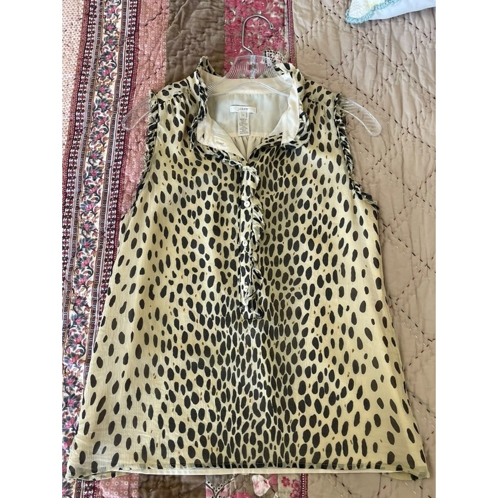 J.Crew 2 Silk Sleeveless Ruffle Neck Blouse Cheetah Mobwife office corporate